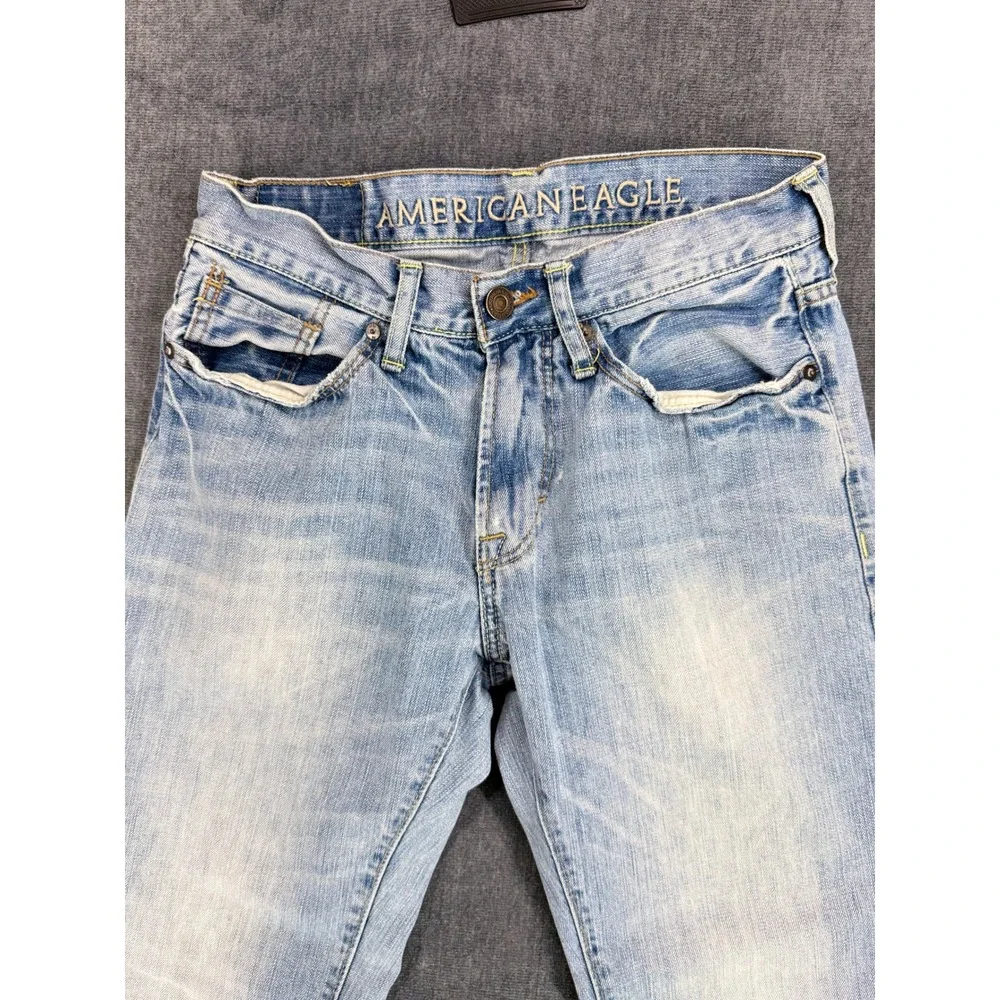 American Eagle Original Straight Mens 28x30 Light Wash Cotton Distressed Jeans